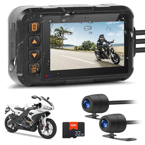 Motorcycle Dash Cam Motorcycle Camera Front and Rear Waterproof Motorbike Camera Dual Lens Motorbike Dash Cam with 32GB TF Card 3 HD IPS Display Night Vision G-Sensor Loop Recording DVR Dashcam