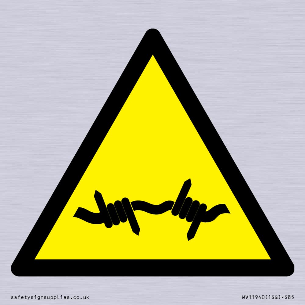 W033 Warning: Barbed wire Sign - 85x85mm - S85