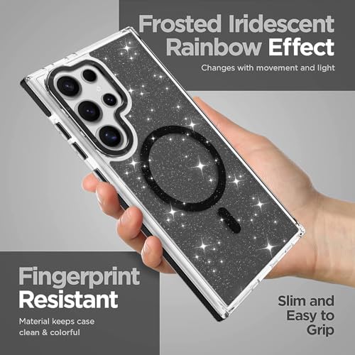 Image of Magnetic Case for Samsung Galaxy S23 Ultra [Compatible with Magsafe] [Bling Glitter Fluorescent Design] [1 Screen Protector] Slim Translucent Matte Case for Galaxy S23 Ultra 6.8 inch, Black