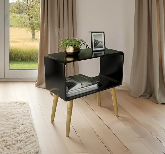 Image of SS Wood Nation Vintage Bookcase Nightstand, Coffee Table, End Table, Bedside Table for Compact Areas, Magazine Stand with Storage, and Living Room /Bedroom (Modern, Blak)