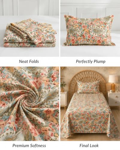 Image of VAS COLLECTIONS 240 TC Premium Cotton Single Bedsheet, Soft Breathable Comfortable Floral Printed Bed Sheet, Elegant Durable Bedding for Bedroom, Easy Care Single Bed Cover,60 x 90 Inches - Warm Sand