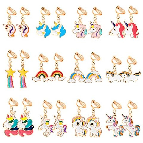 HIFOT 12 Paare Clip Ohrringe Set Einhorn Ohrclips Kinder, Prinzessin Klippohrringe Pretend Play Geburtstag Geschenk Schmuck Zubehör Cover