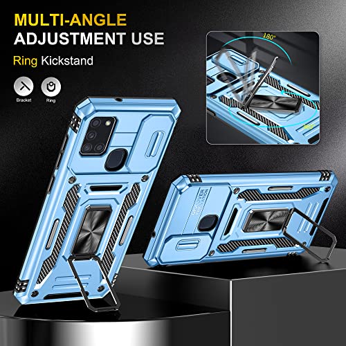 Image of Slide Camera Cover with Ring Holder Mobile Phone Case Cover for Samsung Galaxy A21S (Blue)