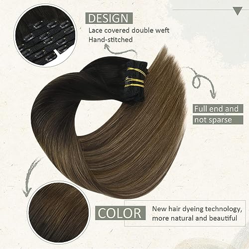 Sunny Ombre Clip In Human Hair Extensions Black Balayage Dark Brown Mix Caramel Brown Ombre Hair Extensions Real Human Hair Double Weft Clip In Ombre Hair Extensions 120G 7Pcs 16Inch #TOP1