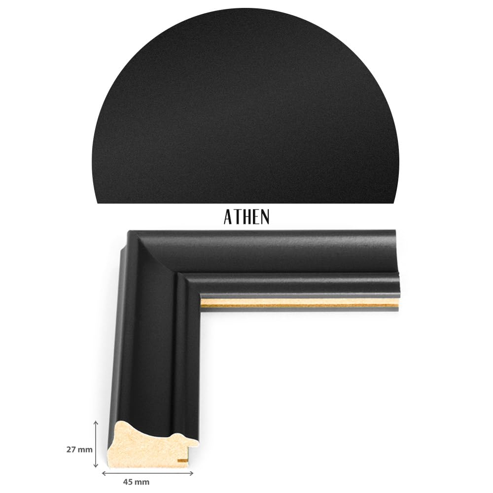 Cornice portafoto ATHEN con corda e 20 mollette in legno per appendere le foto e cartoline, 30 x 30 cm, nero (opaco) con passepartout in bianco crema, bacheca da parete