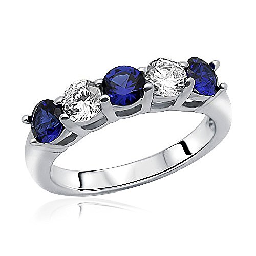 DoubleAccent Sterling Silver Rhodium Plated, Wedding Ring Simulated Blue Sapphire CZ Five Stone Anniversary Ring Band