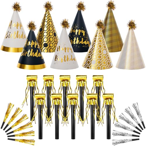 JOYEONDEF 30 Pcs Gold Birthday Party Hats Decoration Set Black and Gold Cone Hats Includes 8 Paper Hats and 22 Metallic Noise Makers