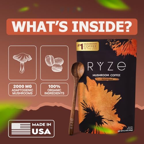 Image of RYZE SUPERFOODS Mushroom Coffee Dark Roast, 6 Adaptogenic Mushrooms & Prebiotic Blend, Instant Coffee Supports Energy, Focus, Digestion & Immunity, Lions Mane & Turkey Tail, 30 Servings