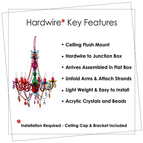 Image of The Original 6 Light Multi Color Gypsy Chandelier H26 inch W22 inch, Red Metal Frame with Multi Color Acrylic Crystals