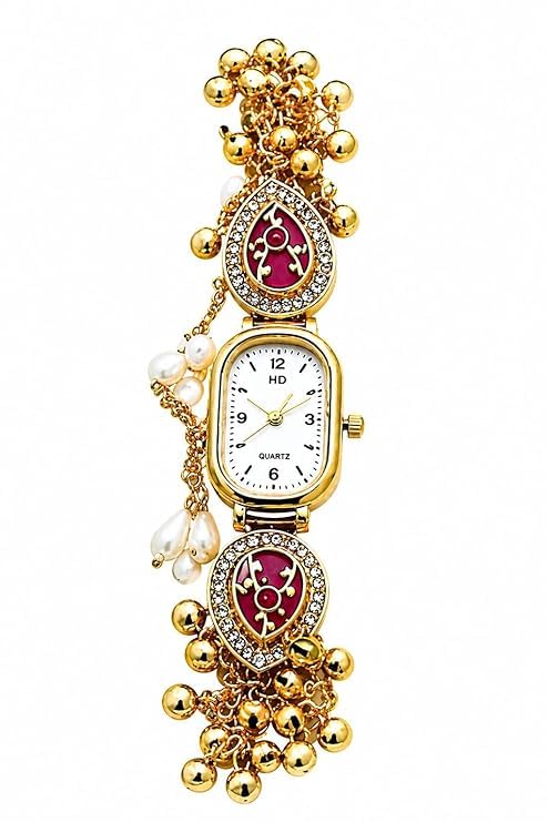 Image of RealTrend Premium Kashmiri Watch for Women, Gold-Plated Bracelet Watch for Women with Red Stone & Ghungroo | Ethnic Analog Wrist Watch | Bridal & Wear Jewelry