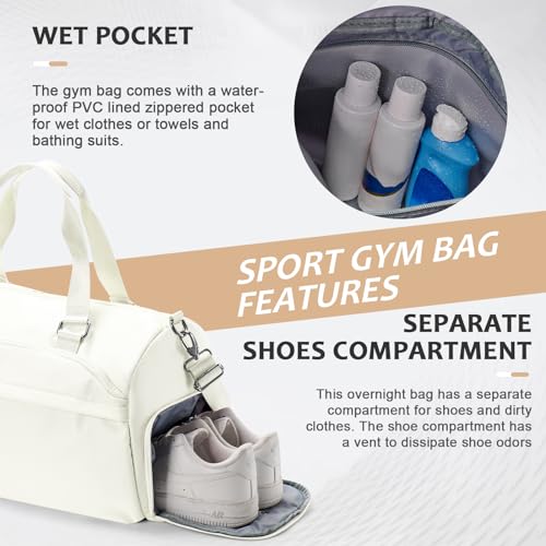 Image of Gym Bag for Women Men with Shoe Compartment,Waterproof Sports Duffle Bag for Travel Weekender Overnight Carry on Bag Gym Tote Bags Workout Bag for Swimming Yoga Hospital Holdalls Beige