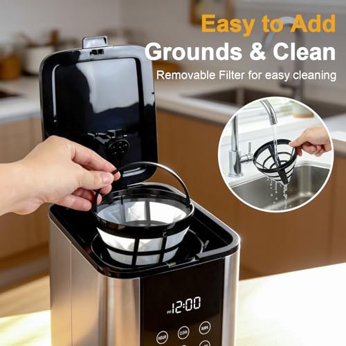 Image of 10 Cup Programmable Drip Coffee Maker, Adjustable Brew Strength, Pause & Serve, Heat Resistant Glass Carafe, Permanent Filter, Auto Shut Off, Stainless Steel, Compact Coffee Machine for Home Office