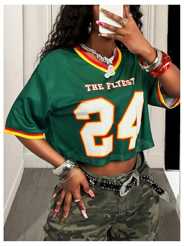 Milumia Women's Crop Jersey Shirts Y2k Number Graphic V Neck Half Sleeve Mesh T Shirt Streetwear Tee Tops2