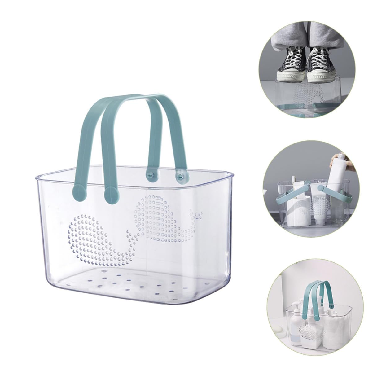 Cesta de Ducha Portátil Azul Transparente, Cesta de Plástico con Asa y Drenaje, Organizador de Baño Multifuncional para Almacenamiento y Uso en Ducha, Hogar o Viaje