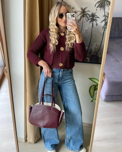 Women Casual Gold Button Down Cardigan Chunky Knit Long Sleeves Crew Neck Knitted Sweater with Pocket2