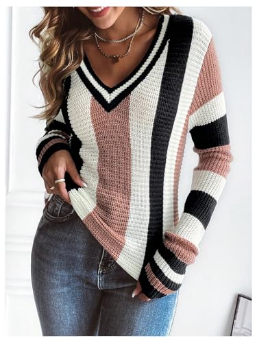 Image of OYOANGLE Women's Color Block Striped Crochet Knit Long Sleeve Sweater V Neck Pullover Knitted Tops