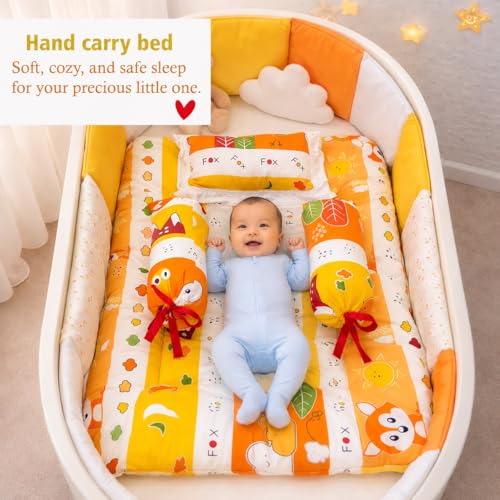 Image of Infantbond Designer Mattress with Net | Baby Sleeping Bag | Carry Bed (0-6 Months) (Orange Fox)