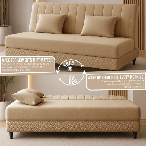 Image of Rosebell Modern 3 Seater Velvet Sofa Cum Bed with Cushion | Premium Upholstered Fabric | Tufted Backrest | Wooden Legs | Living Room Furniture | Golden