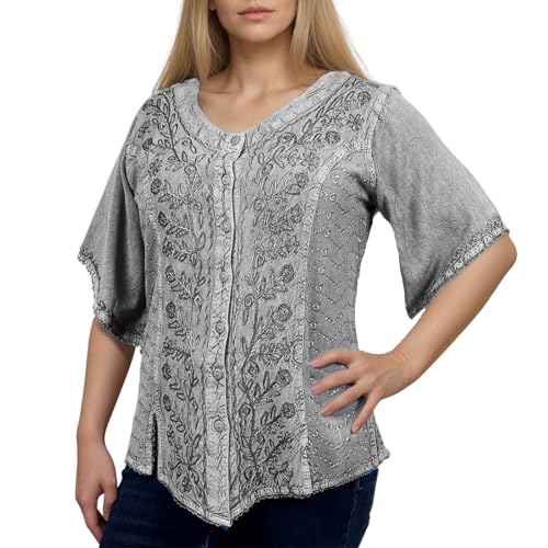 Agan Traders Women's 2026 Short Sleeve Embroidered Blouses - Medieval Vintage Button Down Comfy Tops for Women (125 B, 2X, SIL) Silver/Grey