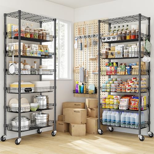 Image of DurayLoly 7-Tier Wire Shelving Unit with Basket Shelf & Locking Wheels, Storage Shelves with Hooks for Space-Saving Kitchen Pantry Bathroom Closet Organizer, 72 inch H x 30 inch W x 14 inch D, Black