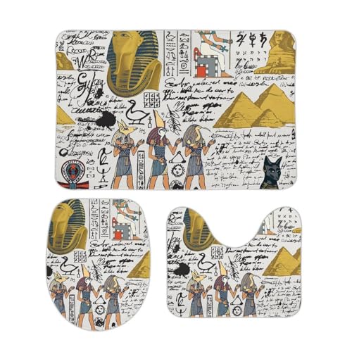トイレマット 3点セット 古代エジプト カラフル 文化 フタカバー 便座カバー 洗える バスマット ふわふわ 滑り止め U型 O型 兼用 ズレない おしゃれ 吸水速乾 40cm x 60cm