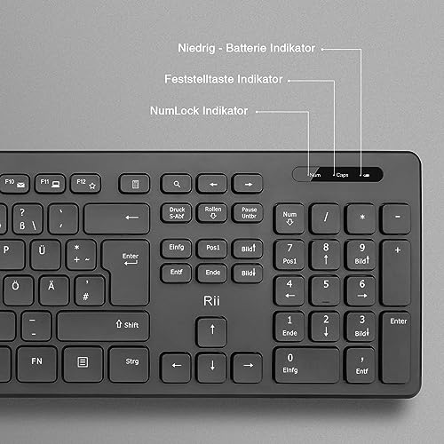 Rii Tastatur Maus Set kabellos, Funktastatur mit Maus, Wireless Keyboard and Mouse, Für PC/Laptop/Windows/Smart TV, Deutsches Layout - schwarz