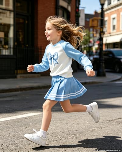 Image of Betusline Girls Skirt Set JK School Uniform 2-Piece Outfit - Long Sleeve & Webbing Solid Skirt,4-14Y