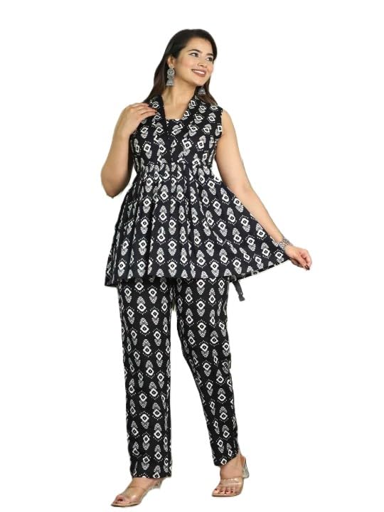 Women's Black & White Printed Co-ord Set, Sleeveless Top with Pants-picture-54
