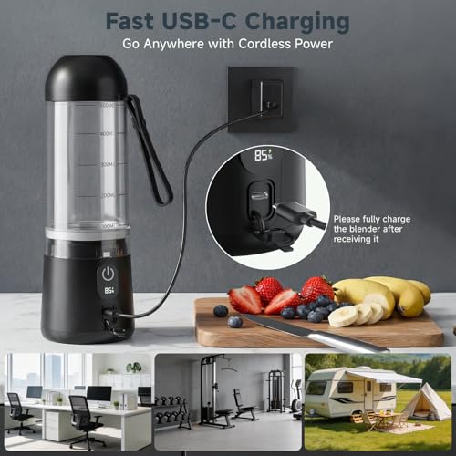 Image of Portable Blender, USB C Rechargeable Small Smoothie Blender with Lid | Personal Blender for Shakes, protein, 8 Blades, Travel Friendly Mini Mixer for Home, Office, Gym, 17oz Black