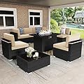Vakollia 8 Pieces Patio Furniture Set with 44" Propane Gas Fire Pit Table, Outdoor Sectional Wicker Conversation Sofa Sets with Coffee Table