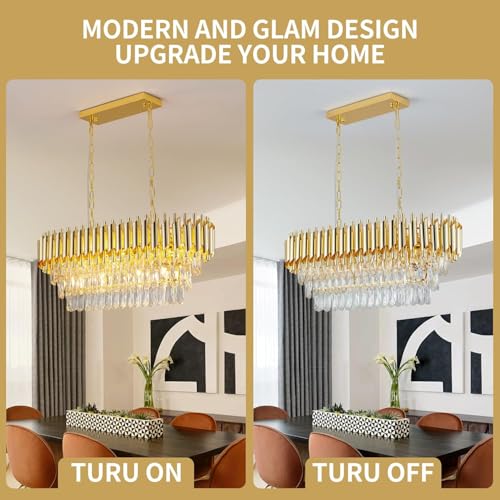 Image of Luxurious 800X300mm Gold Modern Chandelier with K9 Crystals | Warm White, Moonlight & Golden Light | Ceiling Hanging Light for Living Room, Dining Room, Bedroom, Hallway