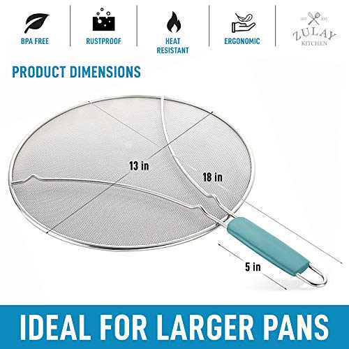 Zulay Kitchen Large Splatter Screen For Frying Pan (13") - Blocks Hot Oil Splashes - Stainless Steel Grease Splatter Guard For Frying Pan - Keeps Stoves Clean & Prevents Burns While Cooking (Blue) #TOP2