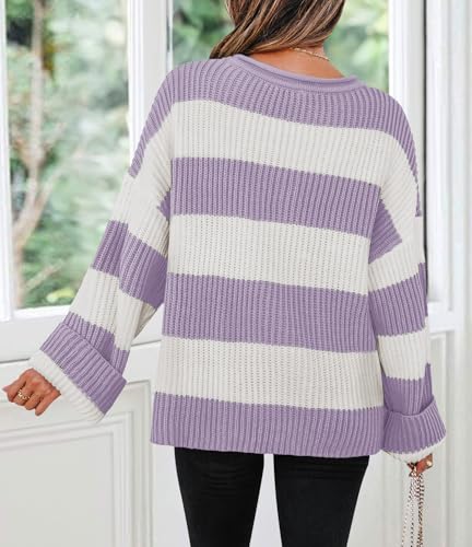 Image of ZESICA Womens Long Sleeve Oversized Striped Knitted Sweaters | Color Block Sweater,Crew Neck Sweater,Loose Fit Sweater,Ribbed Knit Pullover,2026 Fall Winter Sweater,Casual Going Out Top