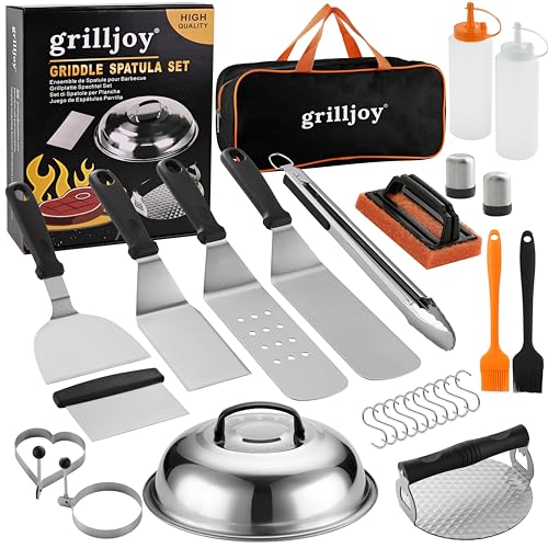 grilljoy Kit Accesorios Barbacoa Acero Inoxidable, Kit Smash Burger, Juego de Espátulas Plancha, Prensa Hamburguesas, 28 Utensilios Barbacoa para Plancha Grill, Teppanyaki Grill, Regalo para Hombres