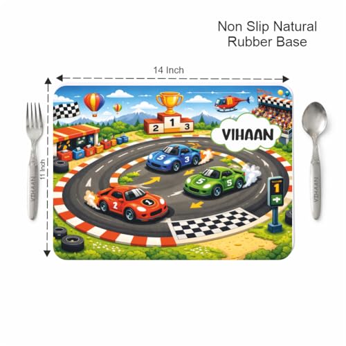 Image of Customized Table Mat with Name & Design Engraving | Personalized Dining Mat with Spoon & Fork | Customized Birthday Gift for Kids (Car)