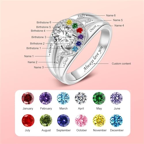 BAUMA AUTO Sterling Silver Personalized Mothers Ring with 1-8 Simulated Birthstones Engraving Family Name Ring for Mother Grandma Wife Girlfriend on Mother's Day Christmas Anniversary3