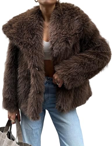 Yimoon Damen Cropped Kunstpelz Jacke Revers Open Front Shaggy Pelzmantel 2024 Winter Warm Flauschig Mantel, Kaffee, M