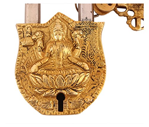 Image of Indian Art Villa Handmade Old Vintage Style Antique Godess Laxmi Ji Design Brass Security Lock with 2 Keys Om Design on Back, Home Temple Office