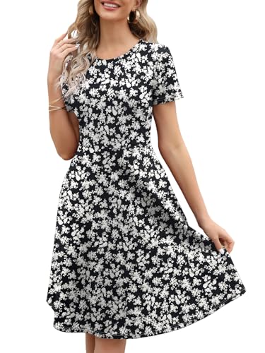 Women's Elegant Vintage Summer Casual Dresses Knee Length Floral Print Work A-Line Dress with Pockets 262