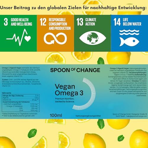 Foto von Premium Omega-3 Algenöl Vegan (2900mg pro Tag) - Hochdosiert - mit Zitrone - DHA & EPA - Wissenschaftsbasiert, Laborgeprüft - Nachhaltig - Mit Vitamin D3 fürs Immunsystem - Spoon of Change®