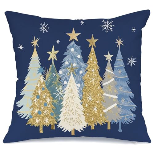 AACORS Christmas Pillow Cover 18X18 Inch Watercolor Christmas Tree Stars Decoration Holiday Farmhouse Winter Pillow Case for Sofa Couch DecorBlue AA608-18