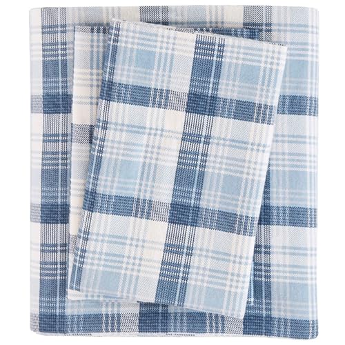 Image of Woolrich Cotton Sheet Set Cottage Charms Print, 100% Cotton Flannel Sheets Warm & Fuzzy Bedding Set King Size Sheets, Fitted Pocket Fits Up to 14 inch Mattress, King Blue Plaid, 4 Piece