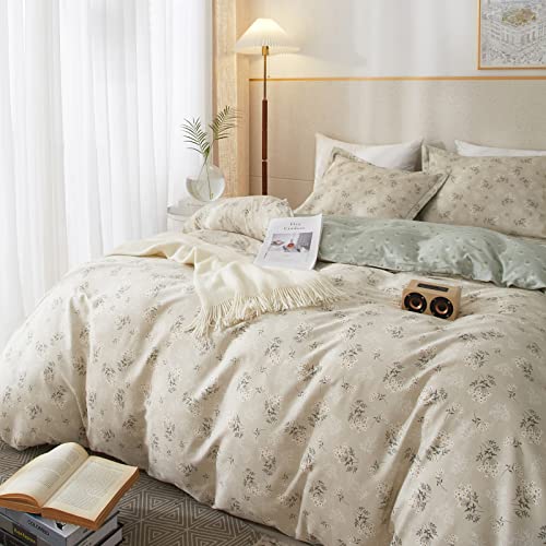 VM VOUGEMARKET Garden Flower Duvet Cover Set Queen Cotton Aesthetic Bedding Set Reversible Duvet Cover with 2 Pillow Shams,Blooming Comforter Cover for Girls