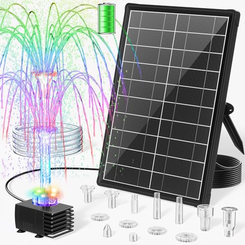 POPOSOAP 8W Solar Fountain Pump with 3200mAh Battery Backup & LED Lights, Solar Water Fountain Kit with 8 Nozzles & PVC Tubing for Bird Bath, Pond, Fish Tank, Backyard Decor P108DL