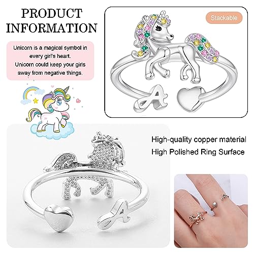 Unicorn Initial Rings for Teen Girls, Rose Gold/White Gold Plated Heart Initial Rings for Girls Adjustable Stackable Rings for Women Diny Heart Ring for Teen Girls Gifts Unicorns Gifts for Girls4