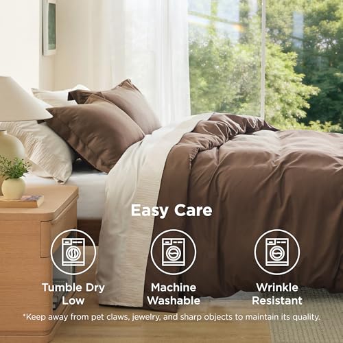 Image of Bedsure Duvet Cover Queen Size - Soft Double Brushed Bedding Set for Kids & Adults, Zipper Closure, 3 Pieces, Includes 1 Duvet Cover (90 inchx90 inch) & 2 Pillow Shams, NO Comforter, Dark Brown