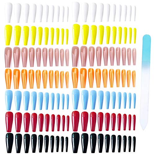 Umillars 7 Colors Glossy False Nail Super Long Ballerina Press On Nail Full Cover Fake Nails Fingernails Nail Tips Kit with One Crystal Nail File for Nail Art Salon DIY Decoration