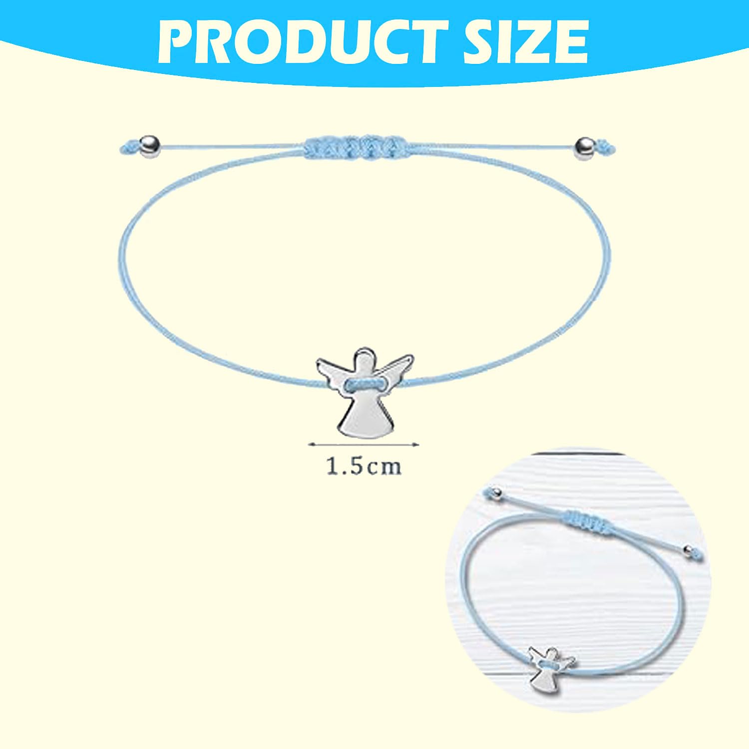 Ange Gardien en Cordon tressé,Cordon tressé argenté,Réglable,Petit Cadeau pour Communion,Cadeau de baptême pour filles et garçons,Acier Inoxydable (Bleu)