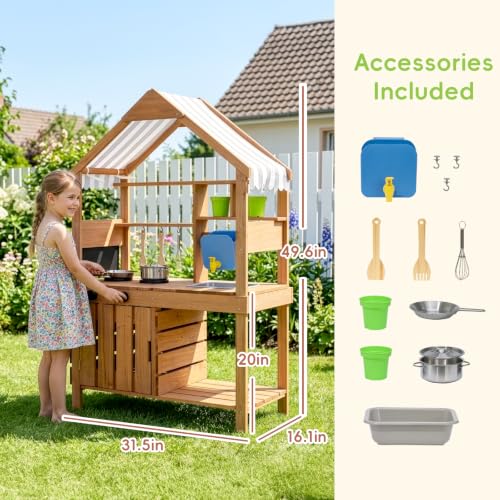 Image of OOOK Kids Mud Kitchen, Fir Wood Outdoor Play Kitchen with Water Sink | Toddler Outdoor Playset for Ages 3+, Canopy, Gardening Tools, Chalkboard, Flower Pot, Cookingware