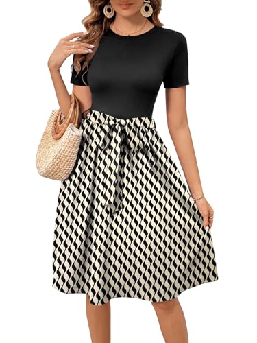 Image of Women's Elegant Vintage Round Neck Short Sleeve Summer Casual Work Party A-Line Dress with Belt 809